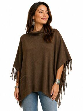 Back in the Saddle Bluff Trail Turtleneck Fringed Poncho Armholes Pocket One Sz